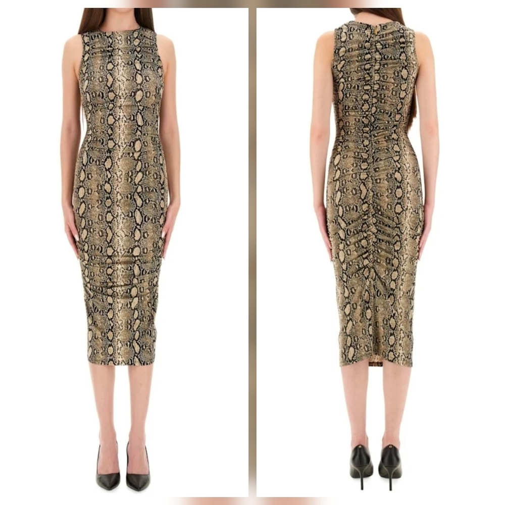 Nwt Michael Kors Snake Print Ruched Midi Bodycon Dress Soft Ecru Xs